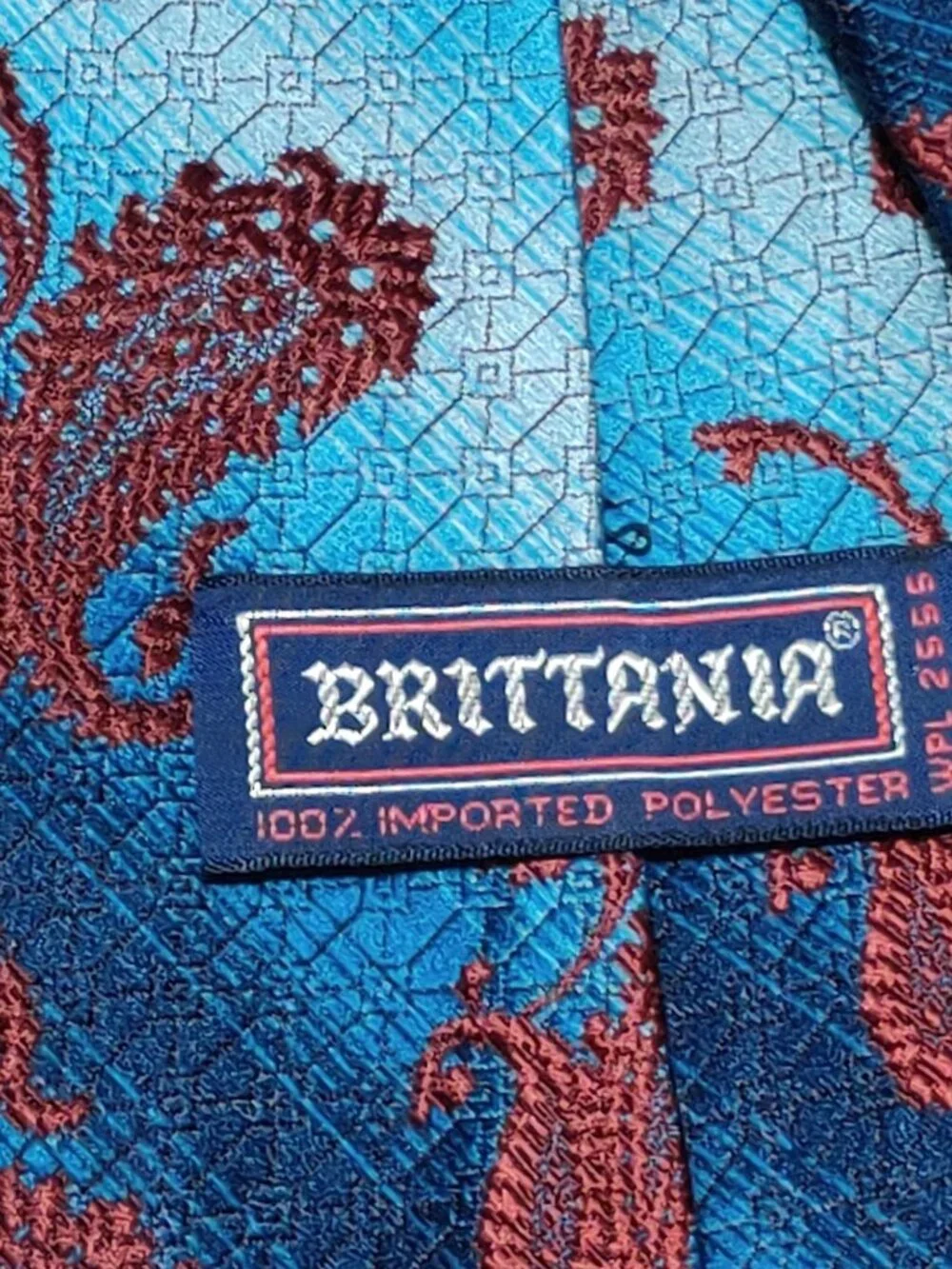 Brittania Necktie Vintage 1980s Blue Burgundy Paisley Geometric Wide Retro Tie